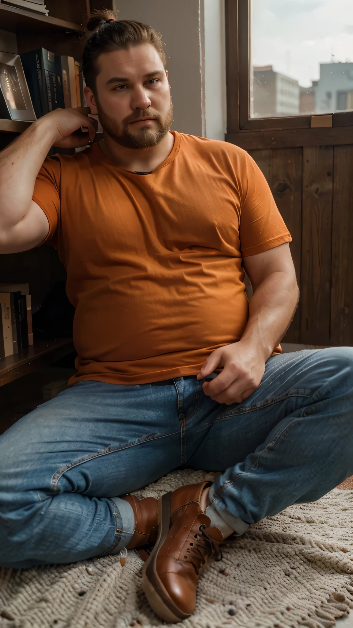 The best quality, Masterpiece, ultra-high-resolution, portrait, (photorealistic:1.4), RAW photo, Handsome manly overweight man, reading the book, view from the back interesting, top knot, with smooth crew neck shirt orange color basic, jeans jeans, Boots, barba, detailed facial textures