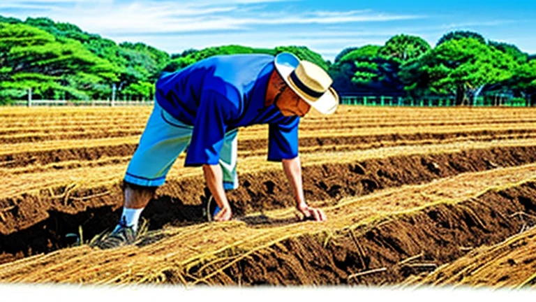a thin Japanese man digs in field , hat ,