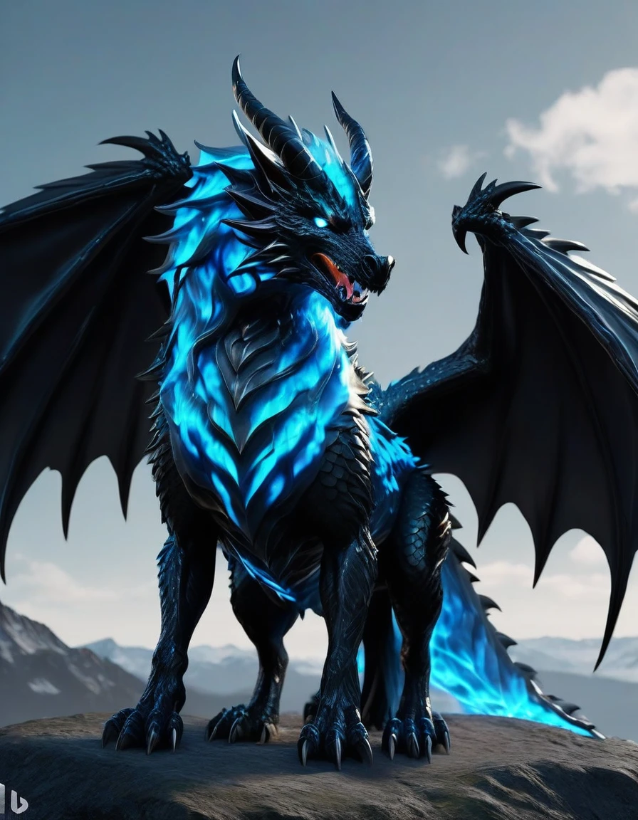 full body portrait of a realistic feminine obsidian dragon, large wings, black ral-opal inner wings, white glowing eyes, wolf shaped head, huge, long body, four legs, many horns, horns, antlers, twisting horns, curled horns, breathing fire, mysterious mountain scenery, full body, cinematic, render, 8k, unreal engine, realistic, masterpiece, high detail, full body, low life, extremely intricate, extreme detail, volumetric lighting