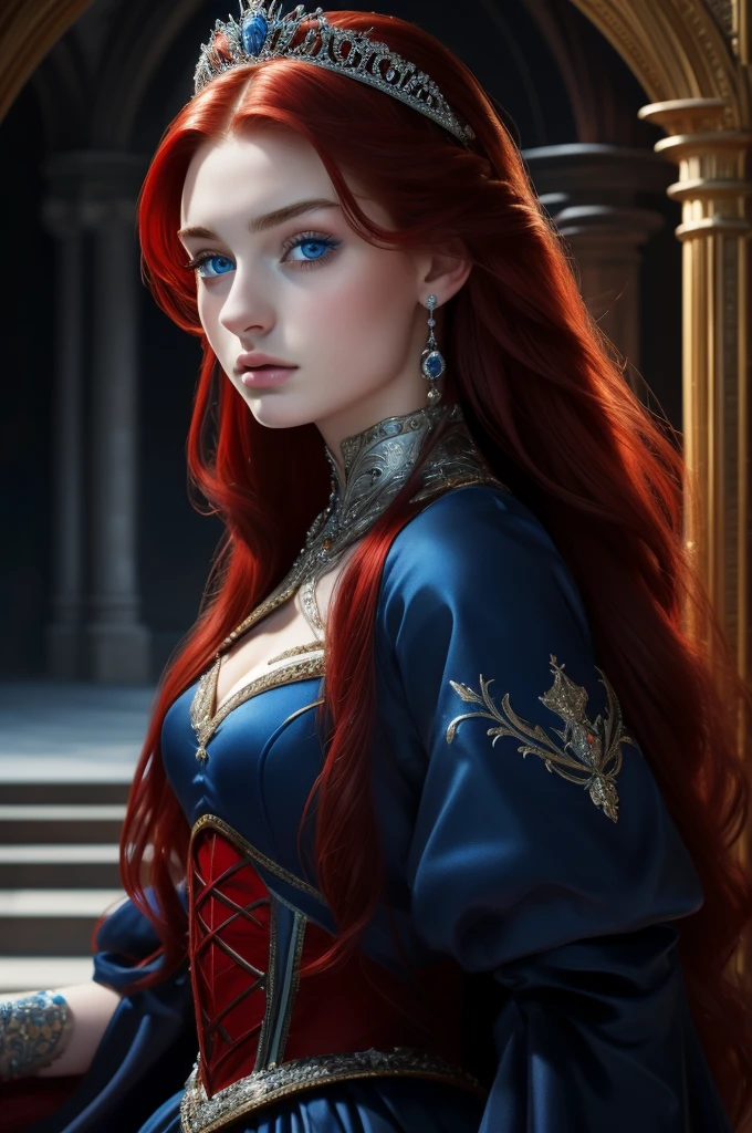16 year old Sophie Turner, ultra detailed face, ultra detailed blue eyes, long red hair, (dress, long skirt), tiara, winter, (((masterpiece)))