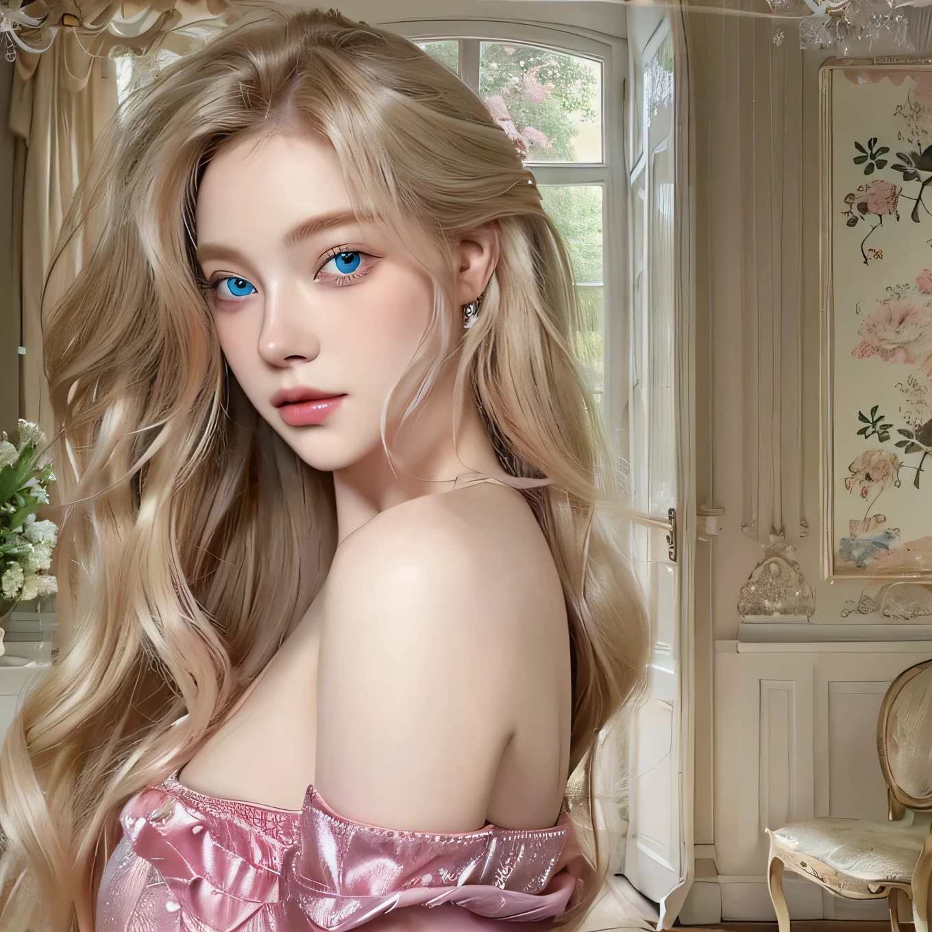 Blond-haired woman with blue eyes and a pink dress in a room., in the Art Style of bowater, realism artistic style, in digital painting style, photorealistic artstyle, realistic art style, inspired by Gastón Bussiere, digital art of an elegant, digital art. realistic photo, photorealistic!!!!!!! Art Style, realistic photo style, Hyperrealistic background, BIG BREASTS, cute wavy hair