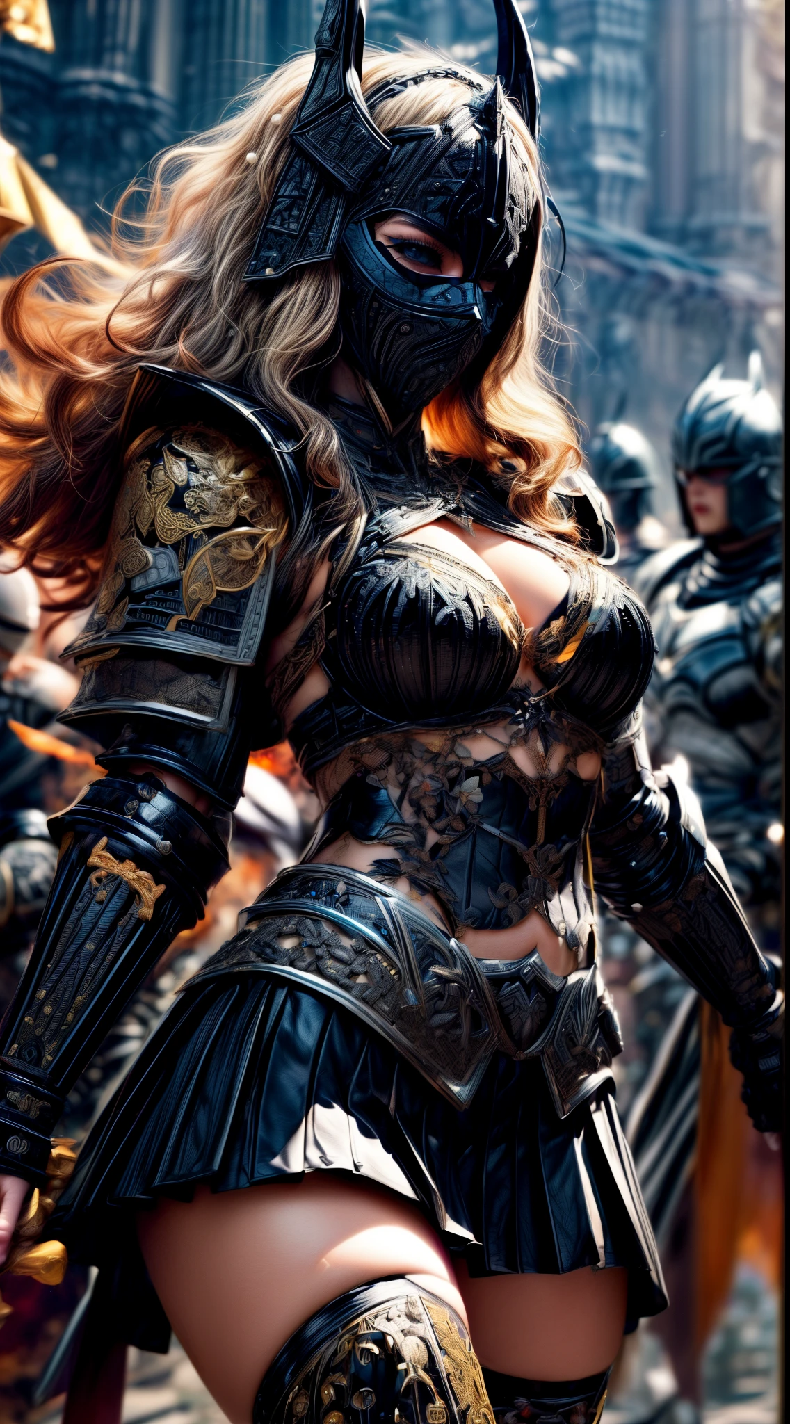 Very beautiful woman、Slender women、(Detailed face)、Realistic Skin、((dark Knight)), ((Pearl Black Armor))、((((Black armor with extremely intricate and detailed decoration.:1.5))))、((Delicate photo)),(Girl Astepeace RAW Photo Details:1.25), (Highest quality:1.6), (Ultra-high resolution:1.5), (Realistic:1.75), 8K resolution, Canon EOS R5, 50mm, Absurd, Very detailed,Cinema Lighting,((Fightfield))、((Fight))、(((Black skirt with embellishments)))、Thigh-high socks、Shingard、((blonde))、((Curly Hair))、((Drill Hair))、((Short hair with bangs and wavy hair,))、I can see that your abdominal muscles are torn、Cape、Beautiful Armor、(((Has a huge weapon)))、(In combat)、((Symmetrical armor))、((((Light shines in))))、(((Lead a large group of knights:1.2)))、banner、Mark of the Goddess、(((Battle Scenes)))、(((Black Light Snake)))、((Browsing Caution:1.2))、(Fell into darkness)、(Black Mask)