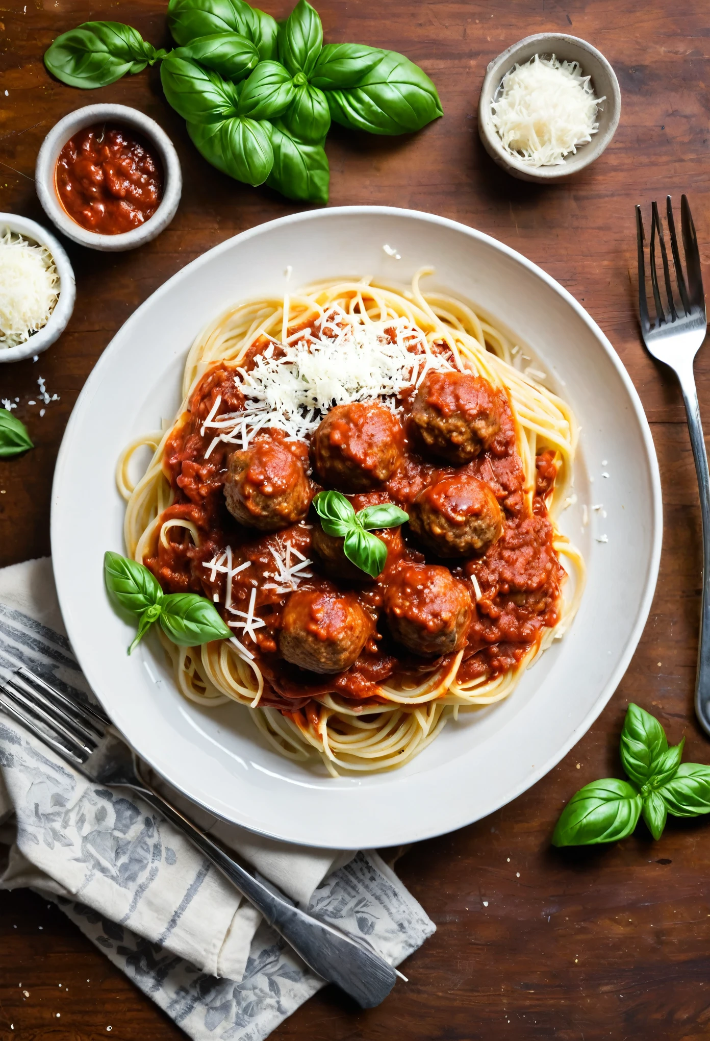 Create a photo of a plate of spaghetti with red sauce and 5 meatballs topped with grated cheese and basil.