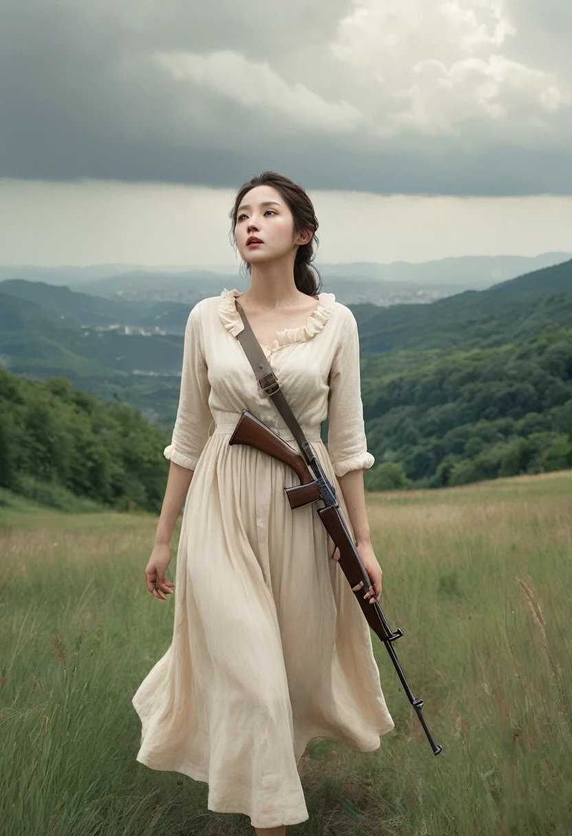 Highest quality、high detail、Ultra-realistic、「french revolution」A famous scene from、A beautiful woman runs up a hill with a French flag and a shotgun、White skin、My body is dirty in places with dust.、She is wearing a light beige dress with an open collar and frills.、Breast fully exposed、Super huge droopy udder、Erect nipples、Cloudy sky with dark clouds that look like it might rain