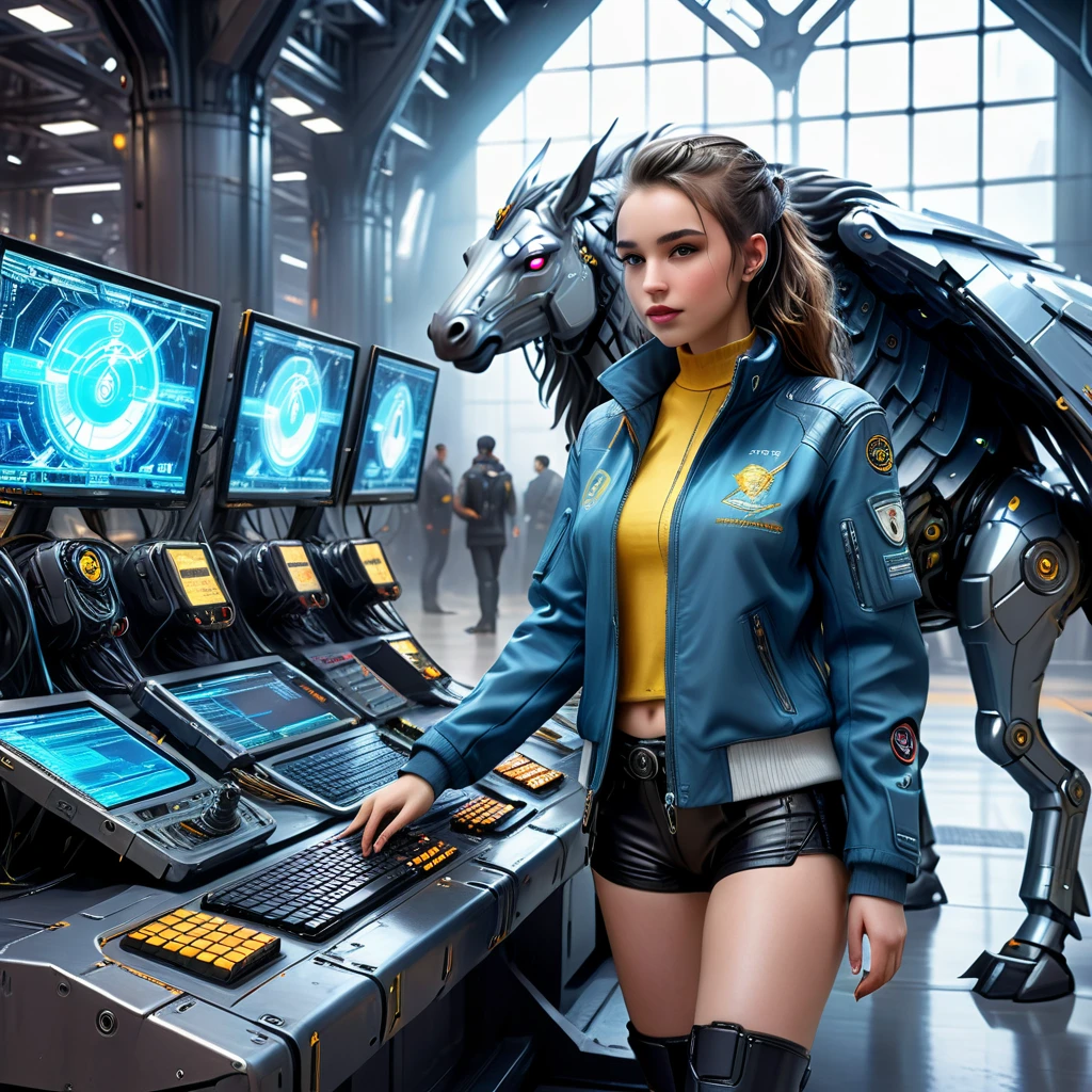 A pretty girl in cyberpunk jacket in a futuristic financial trading hall with high-tech miners mining Pegasus, the naval mercatil Van Salzfestung Ltda, symbol in a technological and electronic scenario, cyberpunk and futuristic, Science fiction, hightech, photo realist, best qualityer