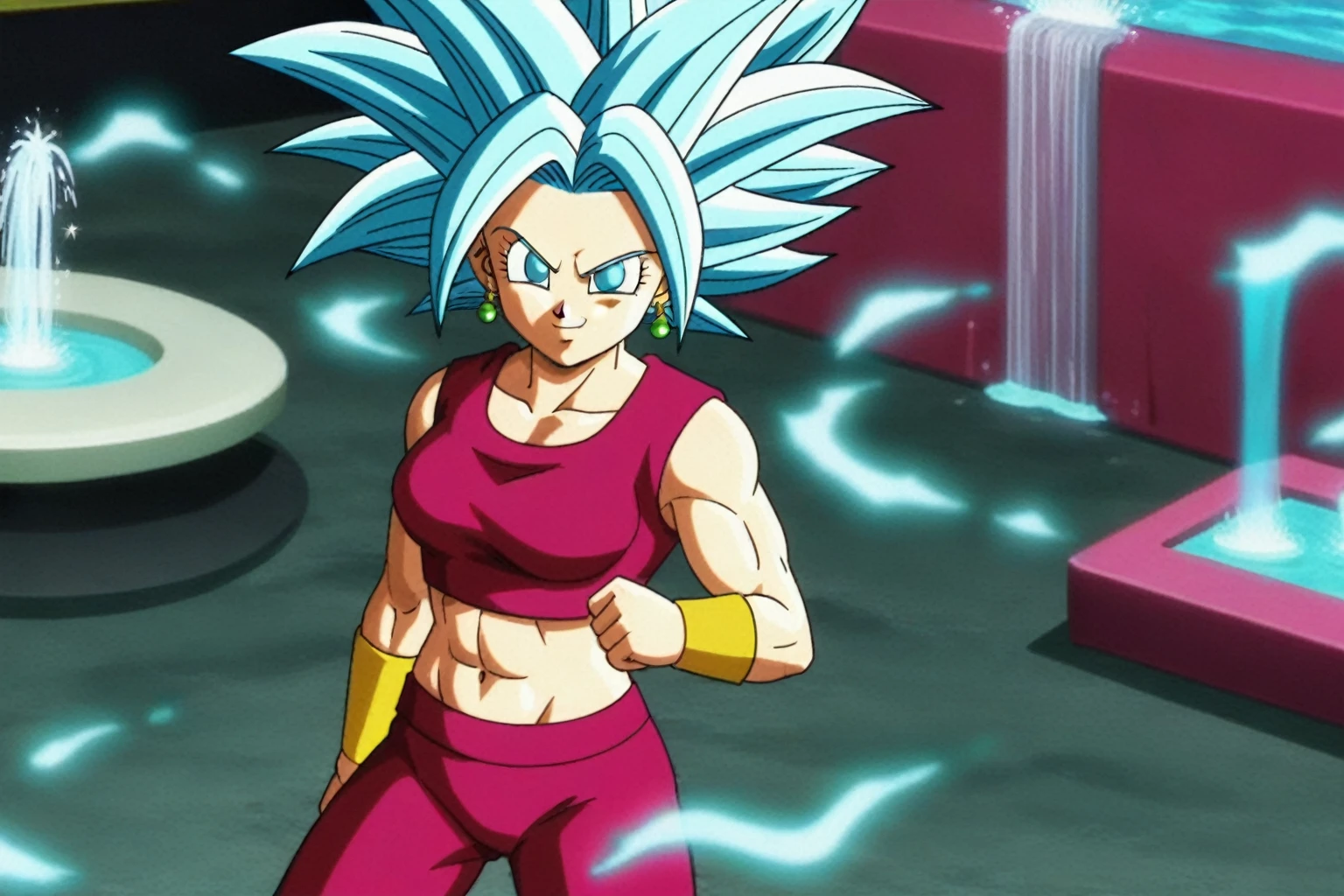 fountain_cheered up, score_9, score_8_above, score_7_above, cheered up screencap,
kefladb, 1 girl, Alone, SMILE, Blue eyes, potara earrings, Closed mouth, blue fur, aboveper body, red tight pants, muscular, red crop top, spiky hair, aura, blue aura, saboveer saiyan blue, Serious, sleeveless, no paboveils, muscled woman, looking at another, eyelashes, blue eyebrows, clavicle, bíceps, arms at the sides, medium breasts, medium rear, sexy, sexy butt, whole body
