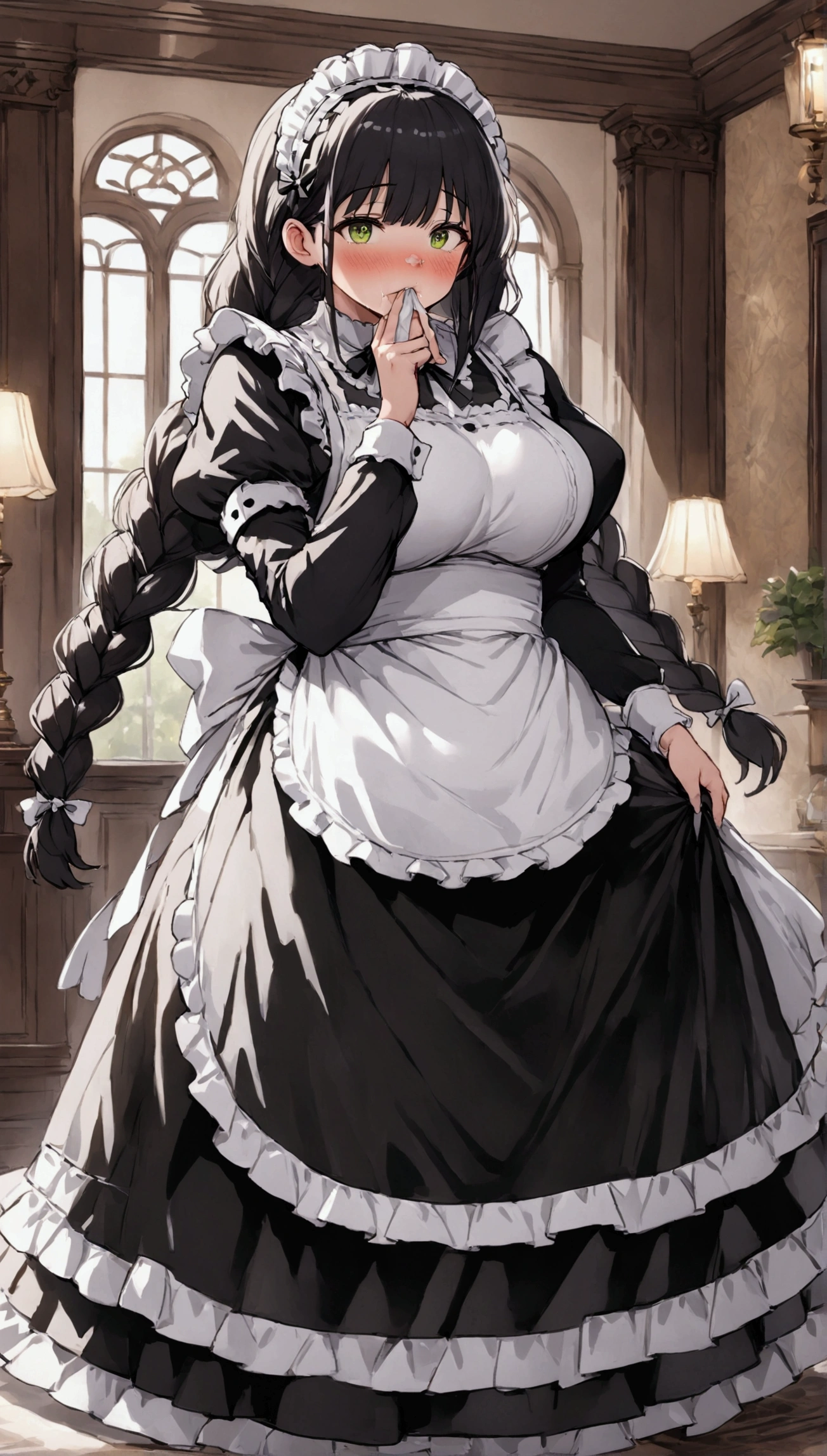 Anime. 1 girl. Housemaid. Ssbbw. Black hair. Long hair. Hair is gathered in braids. Green eyes. Beautiful eyes. Perfect eyes. Expressive eyes. Beautiful nose. Snotty nose. Very fat body. Very thick hands. Very thick legs. Big fat belly. Big fat ass. Big breasts. Beautiful breasts. Maid uniform. Cold. Runny nose. Snot flows from the nose. Handkerchief in hands. Hands on face. Blows his nose into a handkerchief. Standing. Full height. Living room of a luxury mansion. Embarrassment. Blush. Whole body. Extremely detailed CG Unity 8k wallpaper. Ideal lighting. Ultra high resolution 4K. Super detailed 8K resolution.