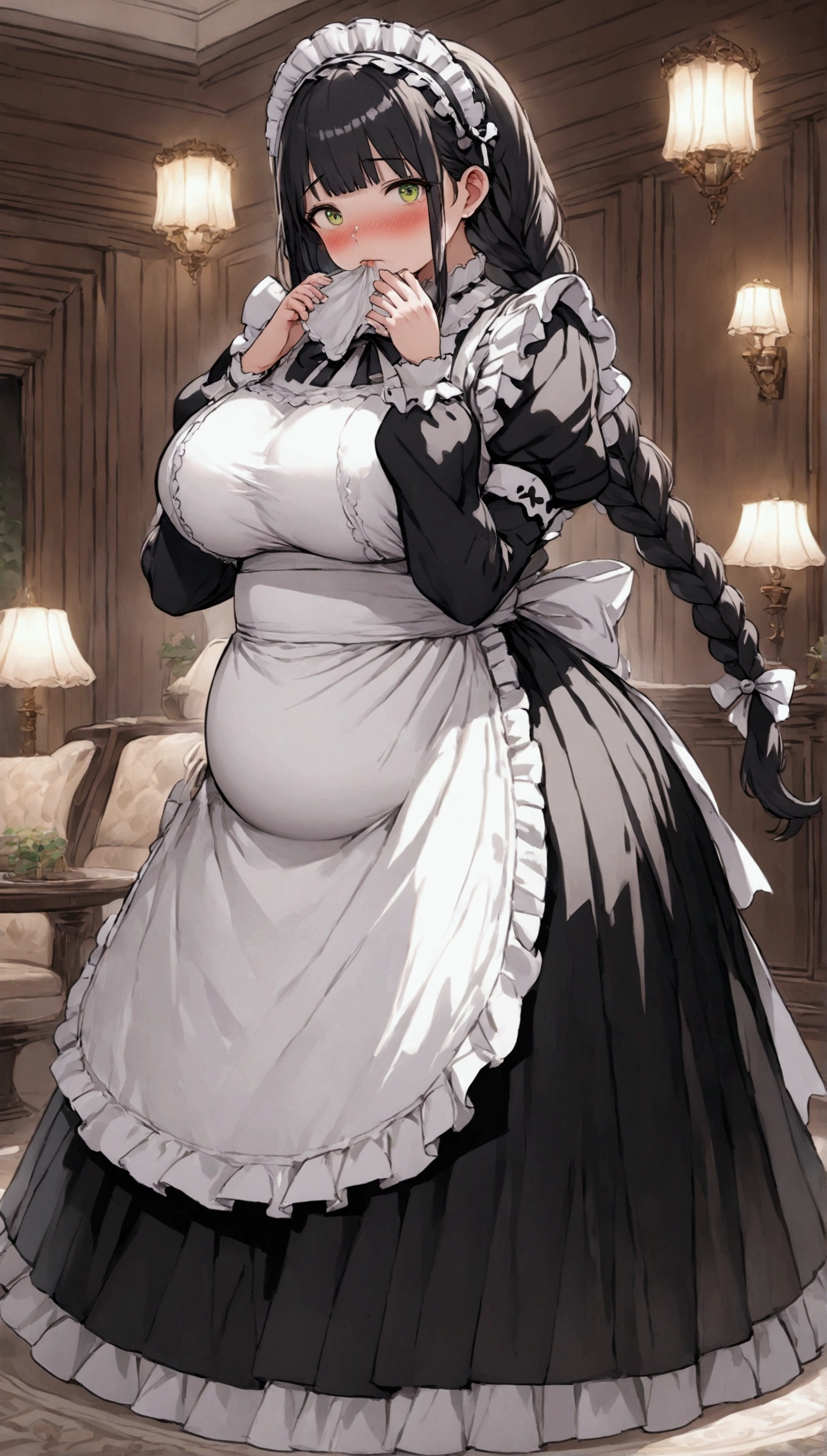 Anime. 1 girl. Housemaid. Ssbbw. Black hair. Long hair. Hair is gathered in braids. Green eyes. Beautiful eyes. Perfect eyes. Expressive eyes. Beautiful nose. Snotty nose. Very fat body. Very thick hands. Very thick legs. Big fat belly. Big fat ass. Big breasts. Beautiful breasts. Maid uniform. Cold. Runny nose. Snot flows from the nose. Handkerchief in hands. Hands on face. Blows his nose into a handkerchief. Standing. Full height. Living room of a luxury mansion. Embarrassment. Blush. Whole body. Extremely detailed CG Unity 8k wallpaper. Ideal lighting. Ultra high resolution 4K. Super detailed 8K resolution.