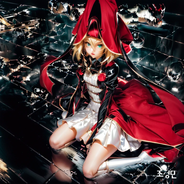 ((picture-perfect)), ((face perfect)), ((ultra detaild)), ((fully body)), ((perfectbody)), A girl sitting on the floor, blonde, greeneyes, Hat , black and red dress and cloak, White Boots, serious expression