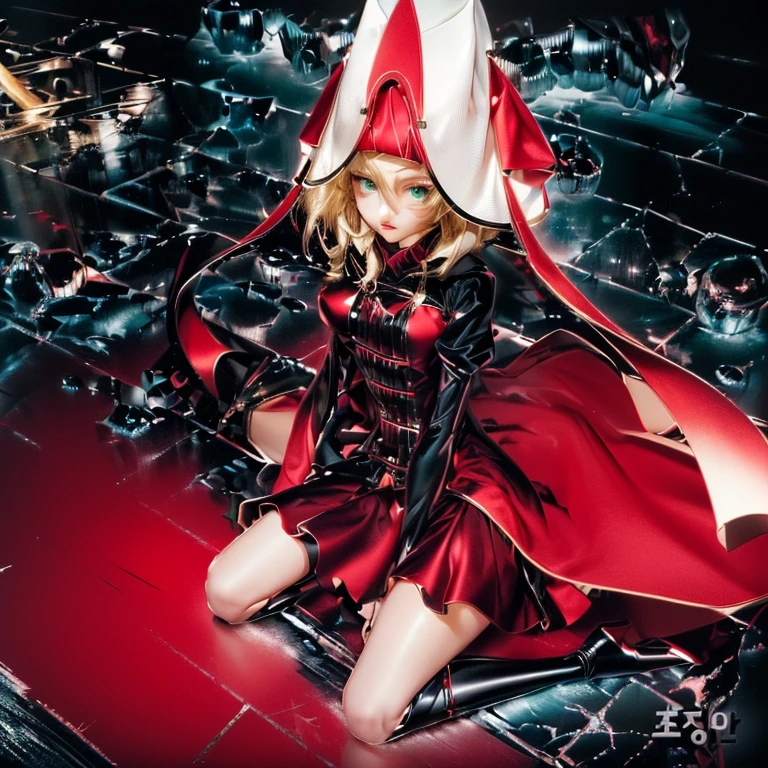 ((picture-perfect)), ((face perfect)), ((ultra detaild)), ((fully body)), ((perfectbody)), A girl sitting on the floor, blonde, greeneyes, Hat , black and red dress and cloak, White Boots, serious expression