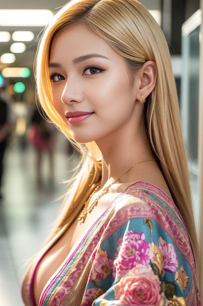 (masterpiece:1.4), (best quality:1.4), ultra high res, ultra high resolution, ((detailed facial features)), HDR, (realistic, photorealistic, photo-realistic:1.37), closeup, sexy seductive Thai woman, (seductive smile), long lashes, beautiful makeup, platinum blonde hair, fair skin, slender figure, elegant posture, wearing large sparkling colorful jewelry, wearing a business style leather dress, standing in a large shopping mall, gentle sunlight shining through the shopping mall windows, casting a soft glow on her face, adding warmth to the scene, vibrant colors, capturing the essence of vibrant city life, portrait style, showcasing her natural beauty and grace in a feminine way