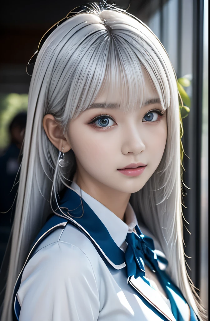 A tall, beautiful woman with white hair at school、Ultra-high resolution、Highest quality、masterpiece、Ultra high definition、Very detailed、JK Uniform、Soft skin texture、Silky Platinum Silver Hair、Photogenic、
