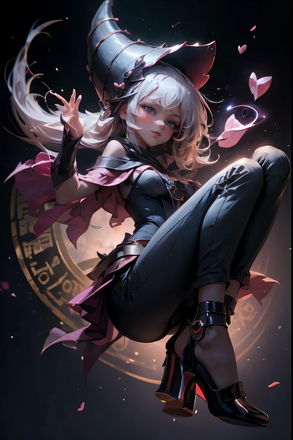 dark magician gils, with high-heels. pants,  sexy, Subjective and sensual pose. magic background. Magical heart in the air. magic circle 