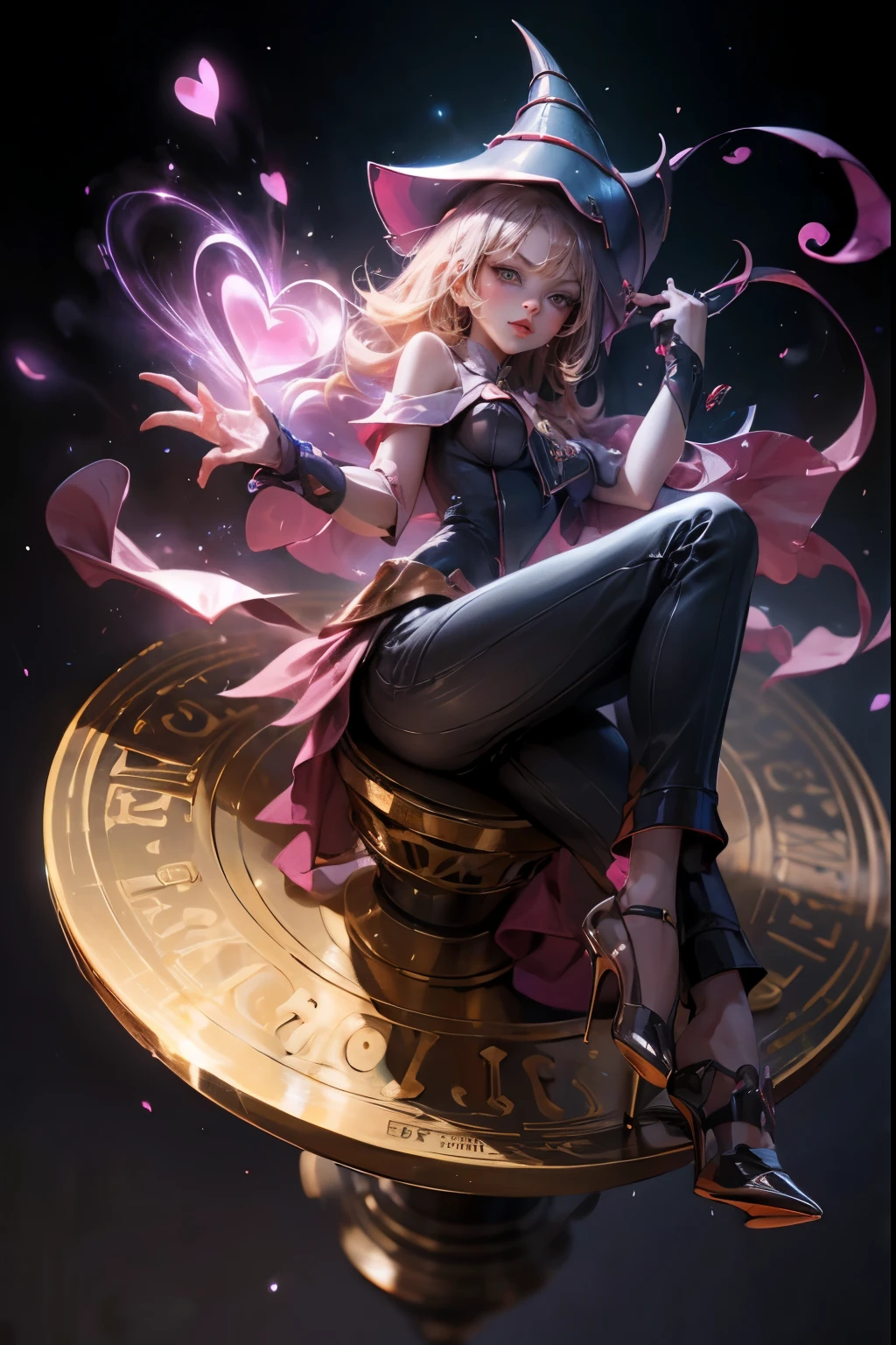 dark magician gils, with high-heels. pants, sexy, Subjective and sensual pose. magic background. Magical heart in the air. magic circle