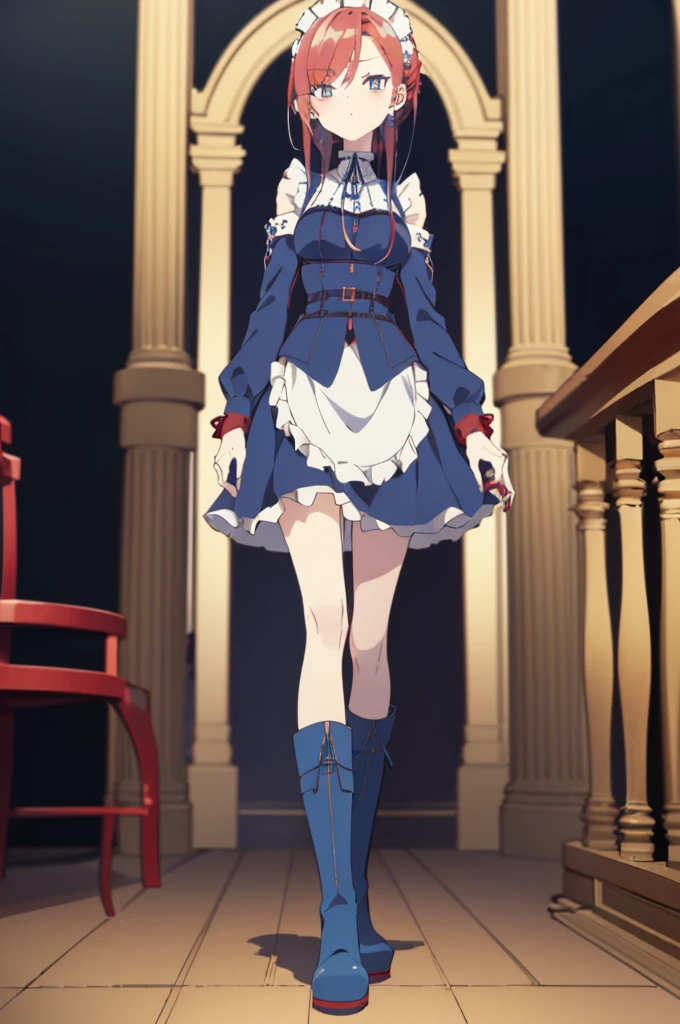 [(cathedral background:1.4)::5],original,(illustration:1.1),(best quality),(masterpiece:1.1),(extremely detailed CG unity 8k wallpaper:1.1), (colorful:0.9),(mid shot:0.95),(full body:1.5),Dynamic angle,(solo:1.2), (girl),((adult)), (detailed beautiful eyes:1.15), (beautiful face:1.15), (glowing red eyes:1.25////),((medium hair)),((split-color hair,red hair,blue hair)),(high twintails),(chignon),(+perfect hand+:1.21),(Draw an illustration of a gothic girl),(Religious),(slender),(is wearing boots on her feet),((is wearing white maid clothes)),(furious), Lace Off-shoulder ta fashion,beautiful slender woman,high twintails,((split-color hair,red hair,blue hair)),((split-color hair,red hair,blue hair)),from side,((split-color hair,red hair,blue hair)),((black boots)),