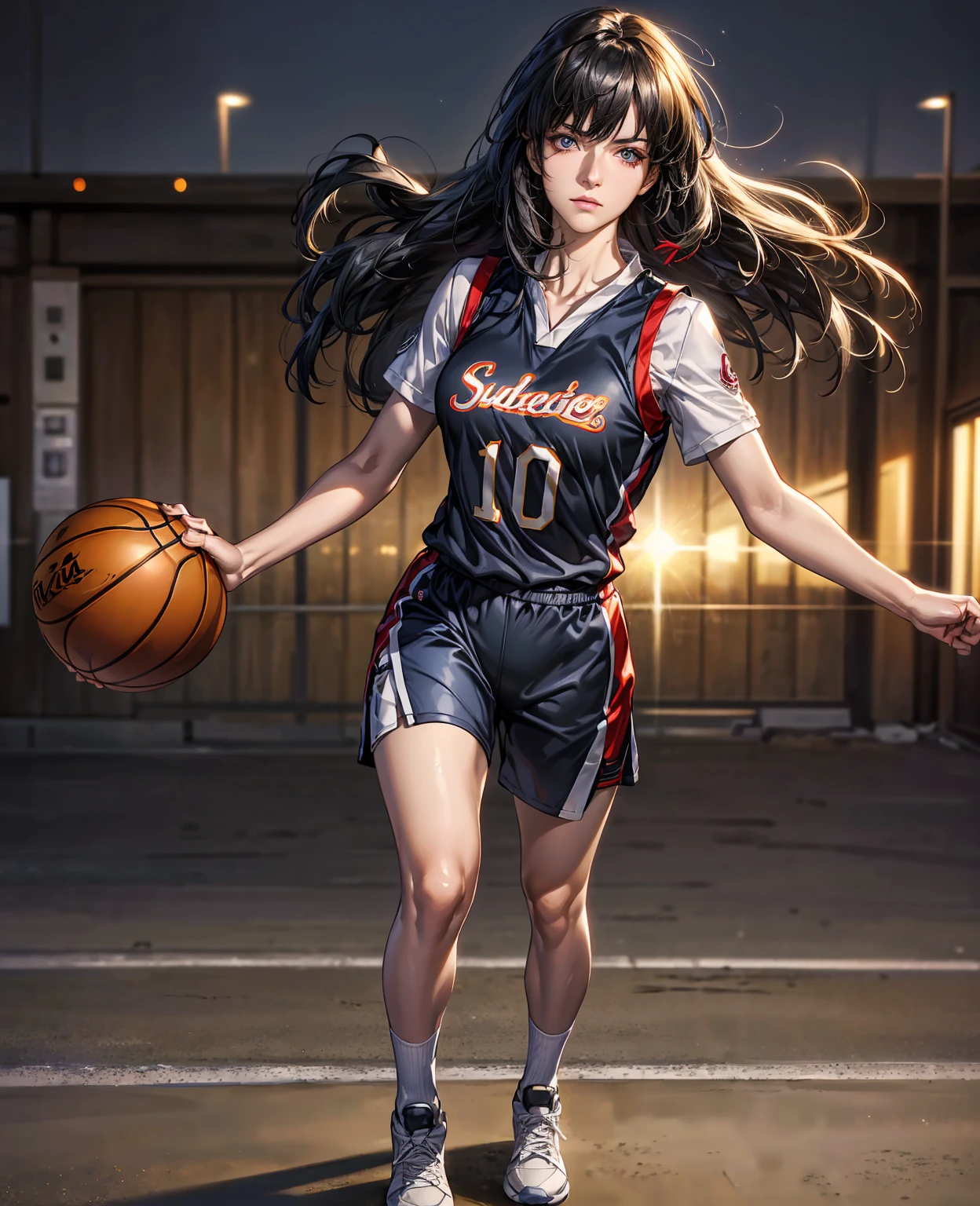 (8k, best quality, masterpiece:1.2), (realistic, photo-realistic:1.37), ultra-detailed,best quality, ultra high res, professional lighting, photon mapping, radiosity, physically-based rendering, cinematic lighting, basketball court,depth of field, sharp focus,sunbeam, good composition,(bokeh:1.2) 1girl,solo,(full body), (closed mouth),beautiful detailed eyes, pose, narrow waist,basketball uniform, black hair,messy hair,long hair floating in wind,(ulzzang-6500:1.2), mix4, hiqcgbody