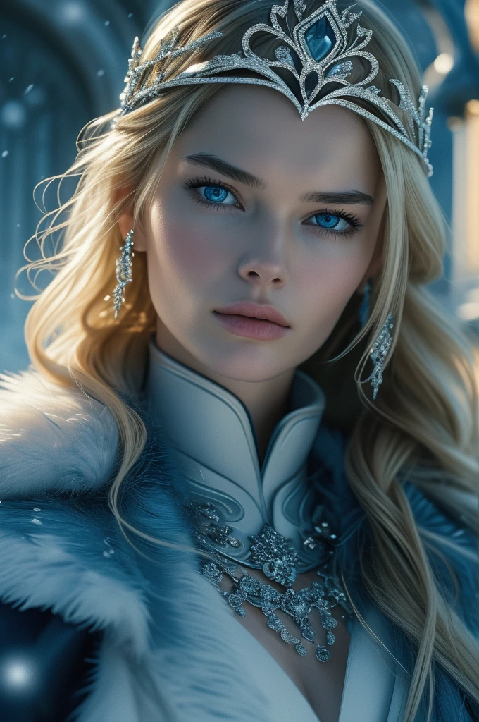 16 year old Lena Headey, ultra detailed face, ultra detailed blue eyes, long blonde hair, (dress), tiara, winter, (((masterpiece)))
