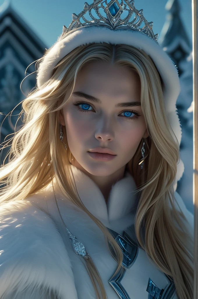 16 year old Lena Headey, ultra detailed face, ultra detailed blue eyes, long blonde hair, (dress), tiara, winter, (((masterpiece)))