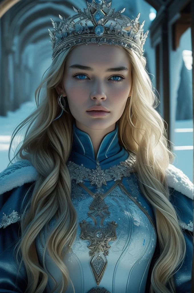 Lena Headey, ultra detailed face, ultra detailed blue eyes, long blonde hair, (dress), tiara, winter, (((masterpiece)))
