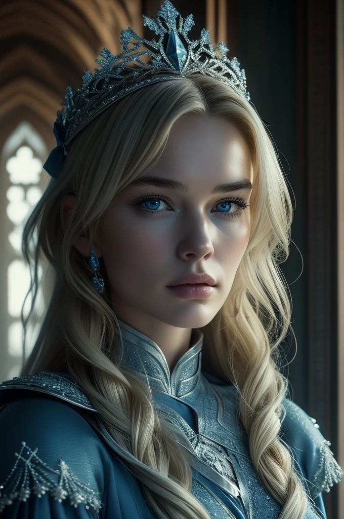 Lena Headey, ultra detailed face, ultra detailed blue eyes, long blonde hair, (dress), tiara, winter, (((masterpiece)))