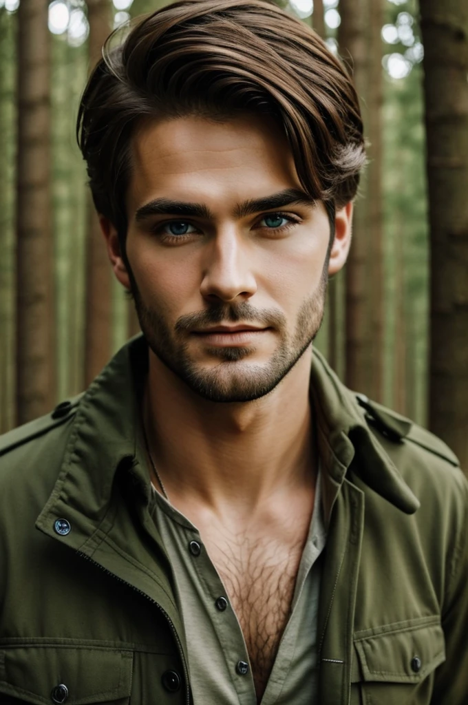 Beautiful man with cute eyes in the forest 