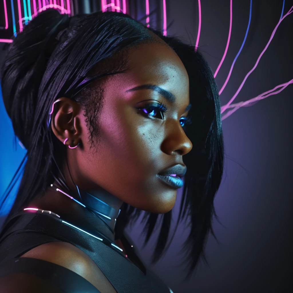 (((close up photo))) (((side face photo))) raw photo taken from Fujifilm, a black woman of stunning beauty, long black hair with neon lights, half head brain with wires, metal head, head intricately designed androids full of wires and circuits, immersed in her own digital world.