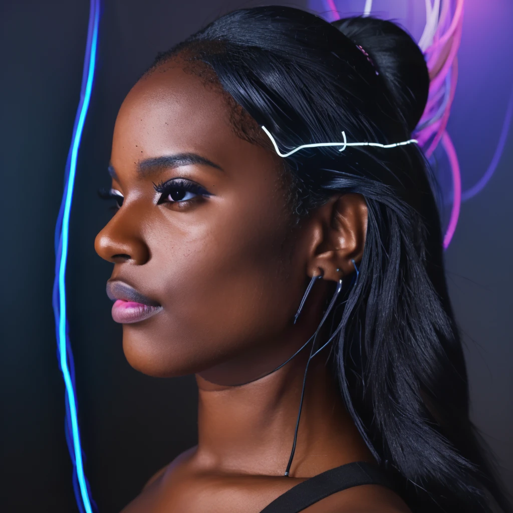 (((close up photo))) (((side face photo))) raw photo taken from Fujifilm, a black woman of stunning beauty, long black hair with neon lights, half head brain with wires, metal head, head intricately designed androids full of wires and circuits, immersed in her own digital world.