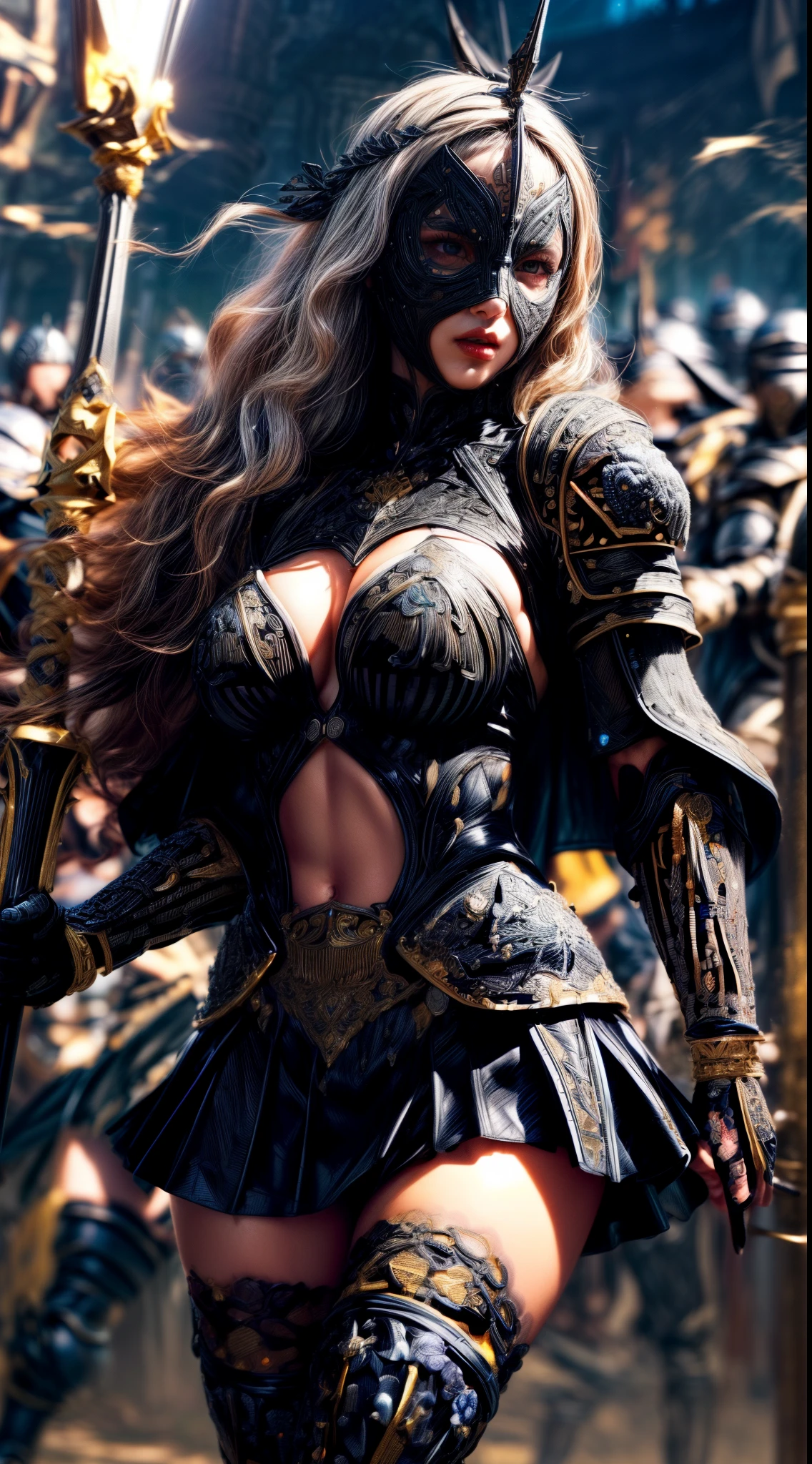 Very beautiful woman、Slender women、(Detailed face)、Realistic Skin、((dark Knight)), ((Pearl Black Armor))、((((Black armor with extremely intricate and detailed decoration.:1.5))))、((Delicate photo))，(Girl Astepeace RAW Photo Details:1.25), (Highest quality:1.6), (Ultra-high resolution:1.5), (Realistic:1.75), 8K resolution, Canon EOS R5, 50mm, Absurd, Very detailed,Cinema Lighting,((Fightfield))、((Fight))、(((Black skirt with embellishments)))、Thigh-high socks、Shingard、((blonde))、((Curly Hair))、((Drill Hair))、((Short hair with bangs and wavy hair,))、I can see that your abdominal muscles are torn、Cape、Beautiful Armor、(((Has a huge weapon)))、(In combat)、((Symmetrical armor))、((((Light shines in))))、(((Lead a large group of knights:1.2)))、banner、Mark of the Goddess、(((Battle Scenes)))、(((Black Light Snake)))、((Browsing Caution:1.2))、(Fell into darkness)、(Black Mask)