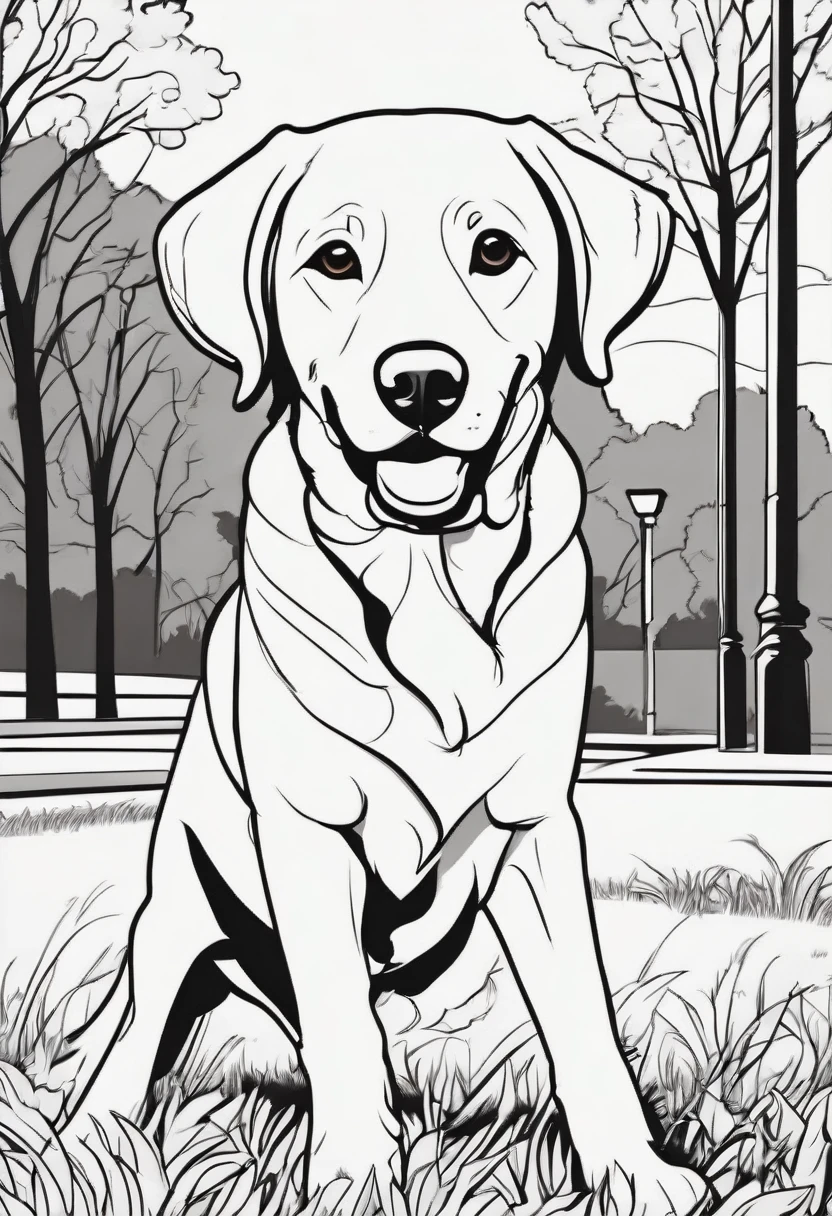 Labrador Retriever - Playing fetch at the park, line art style with bold border lines and simple picture for coloring book