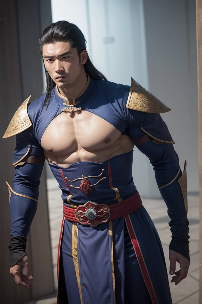 Photo of a handsome 40-year-old Chinese man, emperor, silk4rmor, Wearing silk punk style Hanfu，Complex pattern, Science fiction, Silk Punk Fantasy Background, Ancient East Asian Themes, Dynamic poses, indoors, Royal Palace, Face portrait, (close up:1.2), Mechanical, gear, beard, muscular, Dynamic poses, Dynamic Angle, Dynamic Movement, Practical, masterpiece, Intricate details, Detailed background, Depth of Field