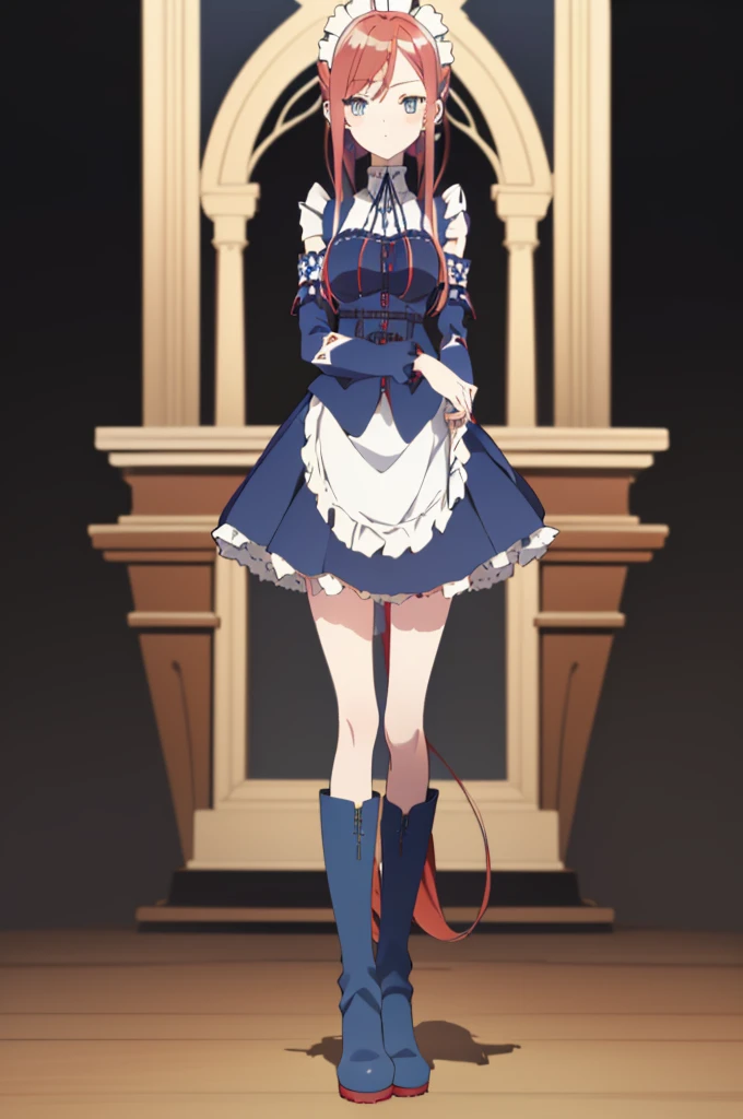 [(cathedral background:1.4)::5],original,(illustration:1.1),(best quality),(masterpiece:1.1),(extremely detailed CG unity 8k wallpaper:1.1), (colorful:0.9),(mid shot:0.95),(full body:1.5),Dynamic angle,(solo:1.2), (girl),((adult)), (detailed beautiful eyes:1.15), (beautiful face:1.15), (glowing red eyes:1.25////),((medium hair)),((split-color hair,red hair,blue hair)),(high twintails),(chignon),(+perfect hand+:1.21),(Draw an illustration of a gothic girl),(Religious),(slender),(is wearing boots on her feet),((is wearing white maid clothes)),(furious), Lace Off-shoulder lolita fashion,beautiful slender woman,high twintails,((split-color hair,red hair,blue hair)),((split-color hair,red hair,blue hair)),from side,((split-color hair,red hair,blue hair)),((black boots)),
