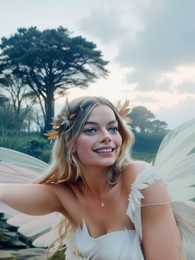 There is a nudist woman with wings, margot robbie as a fairy, totally naked, fairy look, smiling as a queen of fairies, beautiful adult fairy