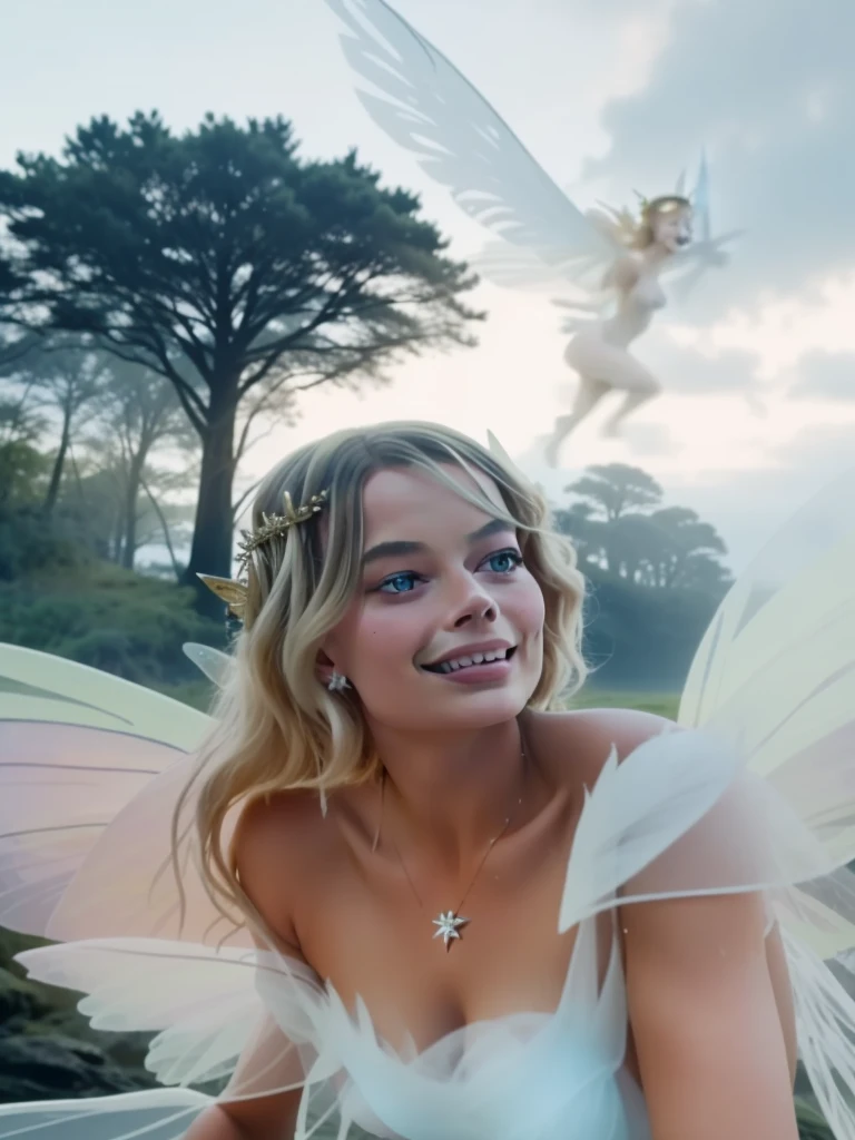 There is a nudist woman with wings, margot robbie as a fairy, totally naked, fairy look, smiling as a queen of fairies, beautiful adult fairy