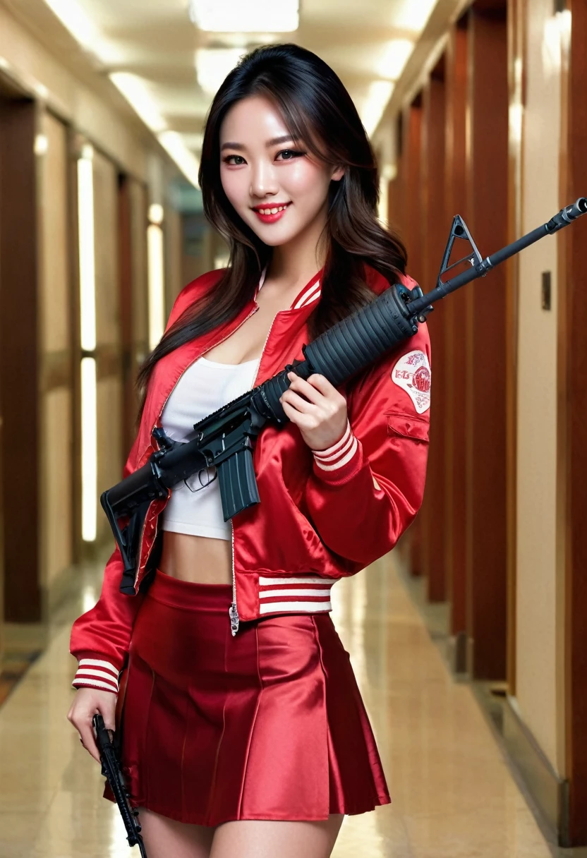 Half body photo, 1 beautiful Asian girl; coy smile, red and white satin bomber jacket; (holding a full size m16 rifle in in her hands:1.4), m16 rifle black satin skirt,, long hair,wearing jewelry, natural makeup, extremely detailed eyes and face, lovely smile, delicate blush, sensuous lips, intricate facial details, perfect skin, flawless skin texture perfect, ; standing in a long hallway with many doors, evening lighting, vivid colors, , subtle , dreamy, luxurious atmosphere, low lighting; Super high quality, surreal, 8K, high resolution, masterpiece, detailed, extremely magical, professional cinematic lighting, , vibrant colors; Fine brushstrokes,ethereal vibe,mesmerizing gaze,dreamy atmosphere,blending elegance,subtle color gradients,,understated beauty. In the background several men lay unconscious on the hallway floor