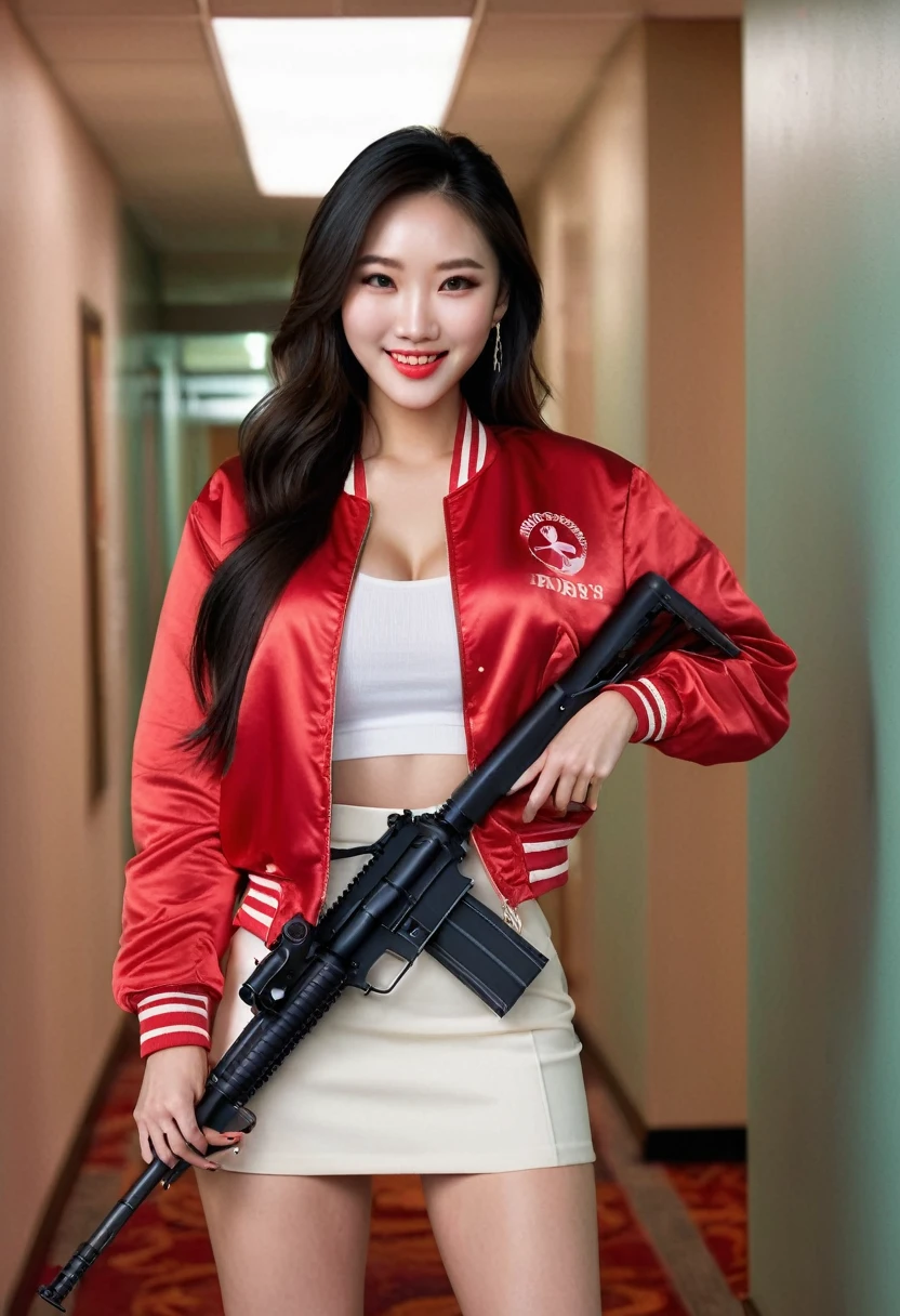 Half body photo, 1 beautiful Asian girl; coy smile, red and white satin bomber jacket; (holding a full size m16 rifle in in her hands:1.4), m16 rifle black satin skirt,, long hair,wearing jewelry, natural makeup, extremely detailed eyes and face, lovely smile, delicate blush, sensuous lips, intricate facial details, perfect skin, flawless skin texture perfect, ; standing in a long hallway with many doors, evening lighting, vivid colors, , subtle , dreamy, luxurious atmosphere, low lighting; Super high quality, surreal, 8K, high resolution, masterpiece, detailed, extremely magical, professional cinematic lighting, , vibrant colors; Fine brushstrokes,ethereal vibe,mesmerizing gaze,dreamy atmosphere,blending elegance,subtle color gradients,,understated beauty. In the background several men lay unconscious on the hallway floor