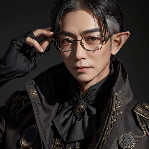 A 50-year old Asian male elf with glasses wearing a dark steampunk suit, cleanshaven