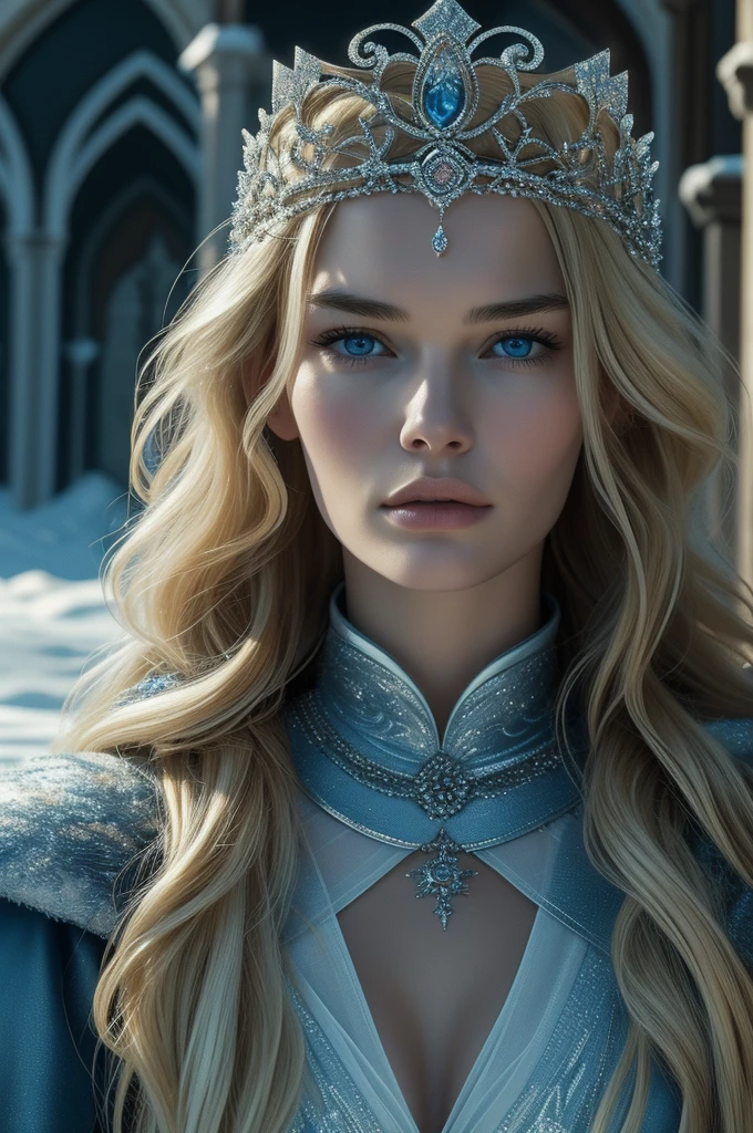 16 year old Lena Headey, ultra detailed face, ultra detailed blue eyes, long blonde hair, (dress), tiara, winter, (((masterpiece)))