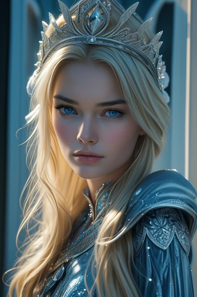 16 year old Lena Headey, ultra detailed face, ultra detailed blue eyes, long blonde hair, (dress), tiara, winter, (((masterpiece)))