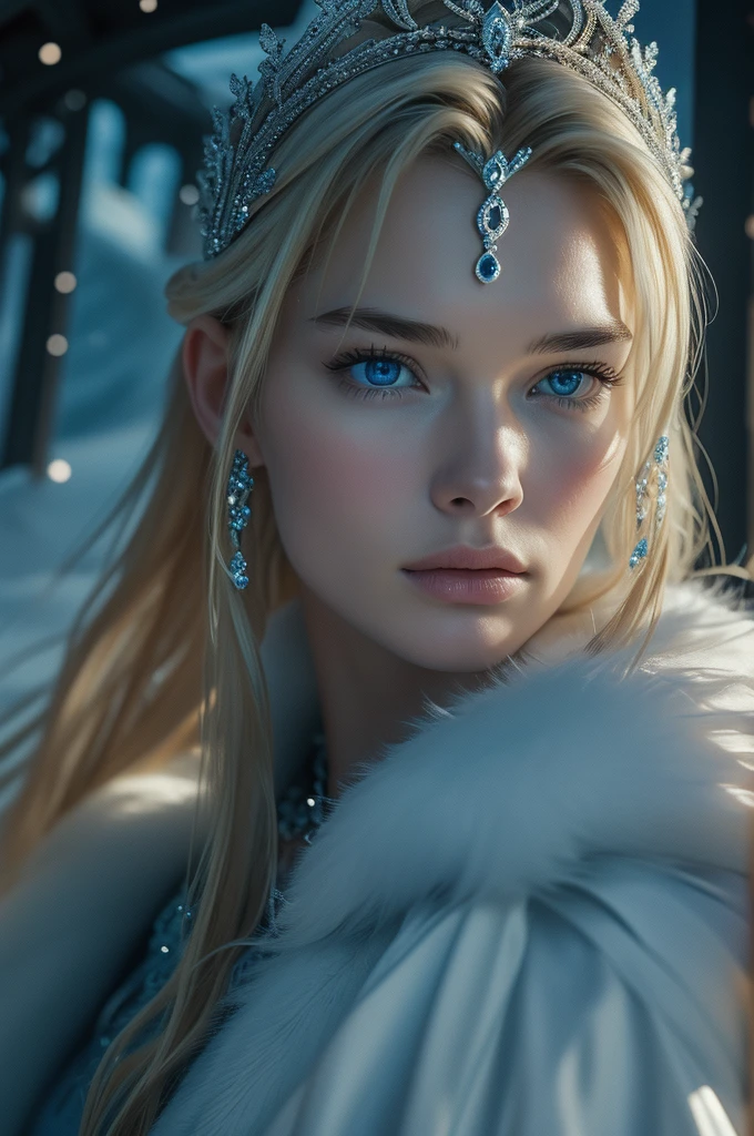 16 year old Lena Headey, ultra detailed face, ultra detailed blue eyes, long blonde hair, (dress), tiara, winter, (((masterpiece)))