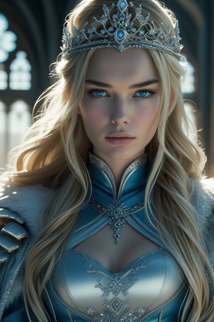 16 year old Lena Headey, ultra detailed face, ultra detailed blue eyes, long blonde hair, (dress), tiara, winter, (((masterpiece)))
