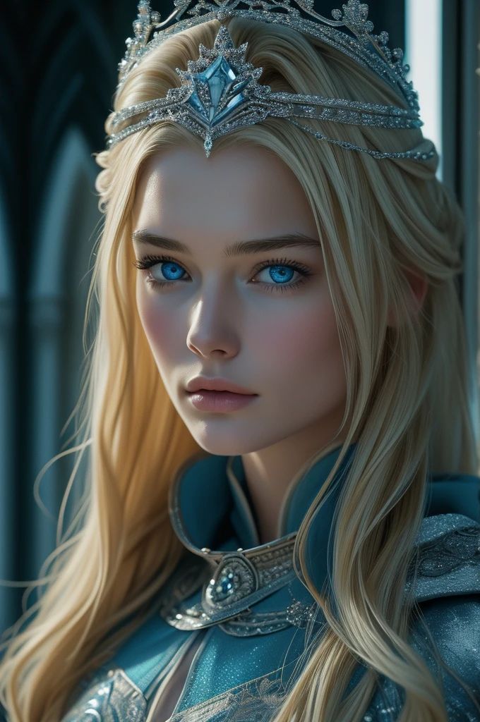 16 year old Lena Headey, ultra detailed face, ultra detailed blue eyes, long blonde hair, (dress), tiara, winter, (((masterpiece)))