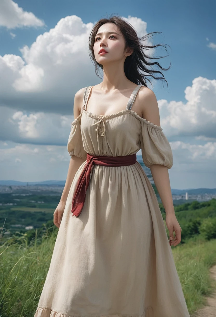 Highest quality、high detail、Ultra-realistic、「french revolution」A famous scene from、A beautiful woman runs up a hill with a French flag and a shotgun、White skin、My body is dirty in places with dust.、She is wearing a light beige dress with an open collar and frills.、Breast fully exposed、Super huge droopy udder、Erect nipples、Cloudy sky with dark clouds that look like it might rain,「Goddess of the French Revolution」