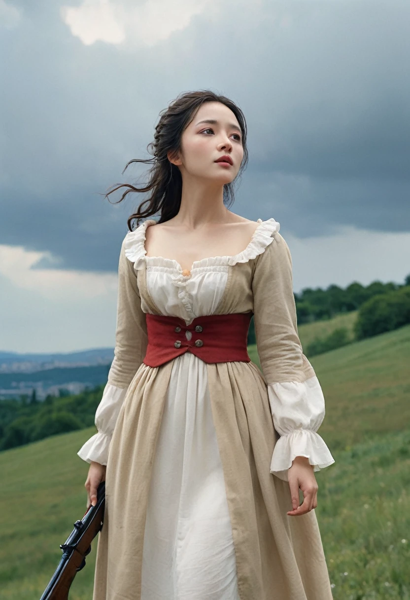 Highest quality、high detail、Ultra-realistic、「french revolution」A famous scene from、A beautiful woman runs up a hill with a French flag and a shotgun、White skin、My body is dirty in places with dust.、She is wearing a light beige dress with an open collar and frills.、Breast fully exposed、Super huge droopy udder、Erect nipples、Cloudy sky with dark clouds that look like it might rain,「Goddess of the French Revolution」
