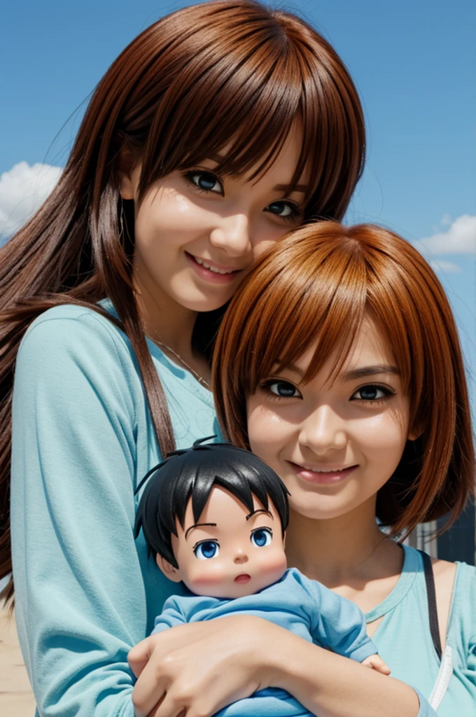 image in anime format, of a giant-sized woman, holding her tiny boyfriend like a toy, while looking at him with a mischievous face 