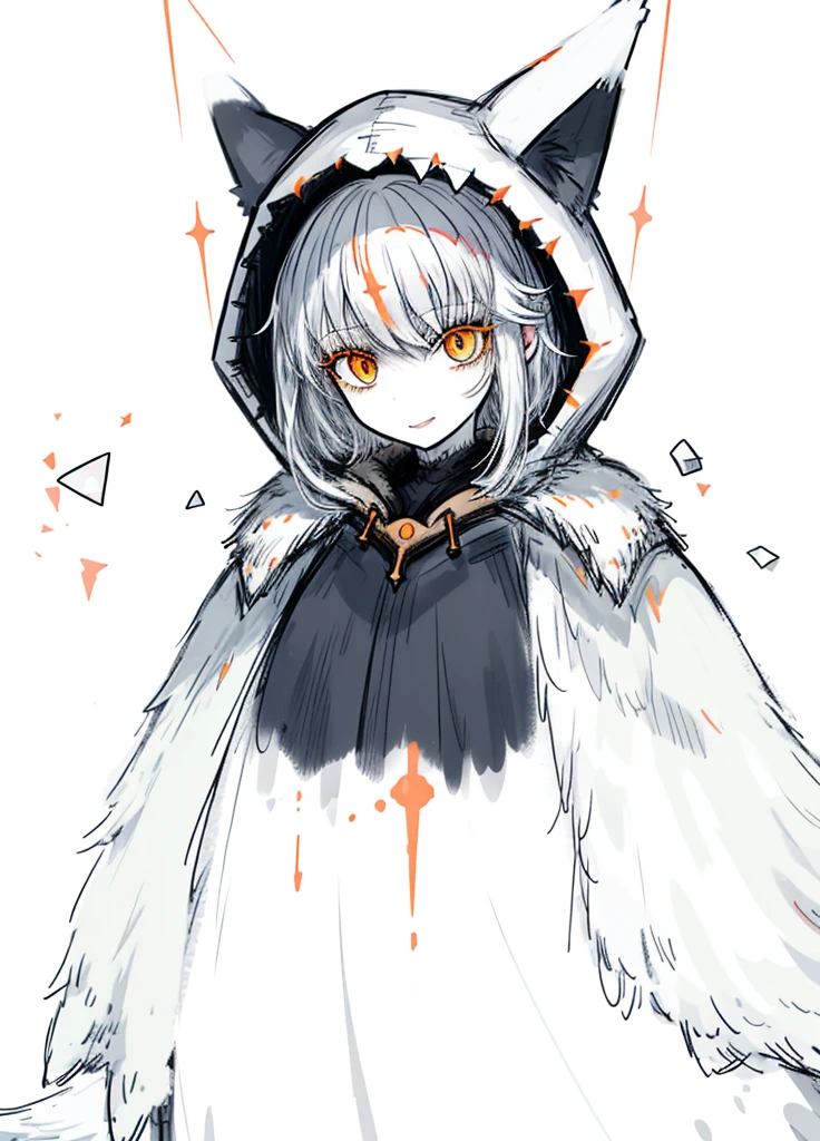 1girl ,white hair, orange eyes, pale skinned beast, hood, wolf, polar,  nice clothes, archer, (high resolution, high detail, best quality), happy, smile