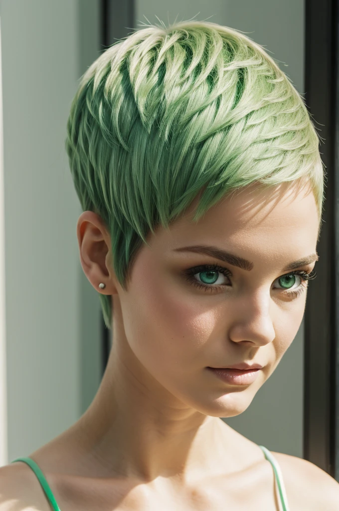A white green eyed woman with short hair 