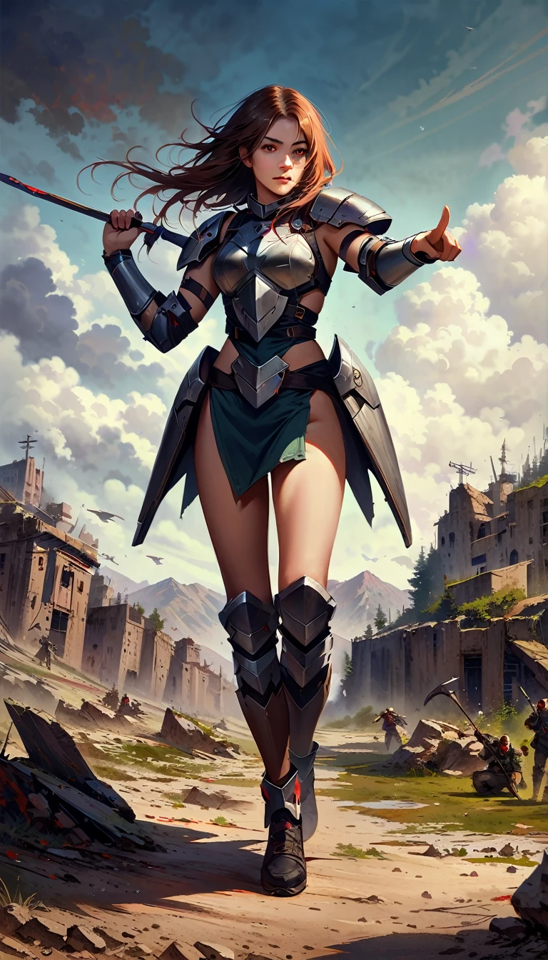 full body shot, dark fantasy, horror, levitating above the ground woman, goddess, goddess of war, wearing sexy armor, bloodshot eyes and hair, pointing with a stake an order for the movement of troops, dystopian atmosphere, dark colors, relistic, hdr, film grain, realistic photograpy, inpired by painting Luis Ryo
