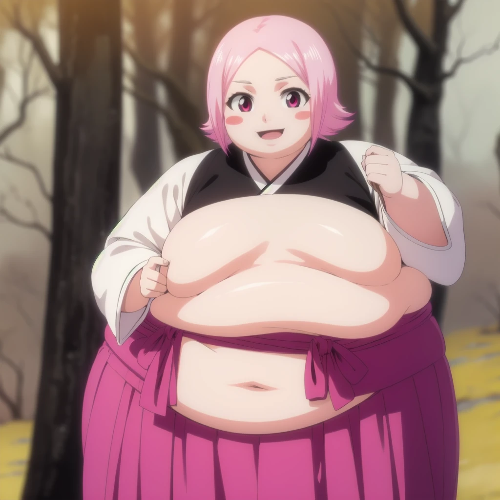 yachirukusajishi, yachiru kusajishi, short hair, pink hair, (pink eyes:1.5), blush stickers, open mouth, forehead,
BREAK long sleeves, japanese clothes, hakama, black hakama,
BREAK outdoors,
BREAK looking at viewer, (cowboy shot:1.5),
BREAK (masterpiece:1.2), best quality, high resolution, unity 8k wallpaper, (illustration:0.8), (beautiful detailed eyes:1.6), extremely detailed face, perfect lighting, extremely detailed CG, (perfect hands, perfect anatomy), standing, smile, blush, solo, 1girl, SSBBW yachiru kusajishi, big cheeks, ssbbw, severely obese ,600lbs obese female, no pupils, ultra detailed, masterpiece, best quality, aesthetic, detailed, Fluffy and Fat Face, Big Butt, Big Cheeks, Obese Body, Sexy, Obese Girl, Happy, Cute Expression, Very Hot, bbwchan, nsfw, manhwa, oppai proportions, she has a jiggly fat round belly, body swelling about to explode, thicc, with a large breasts, doujin