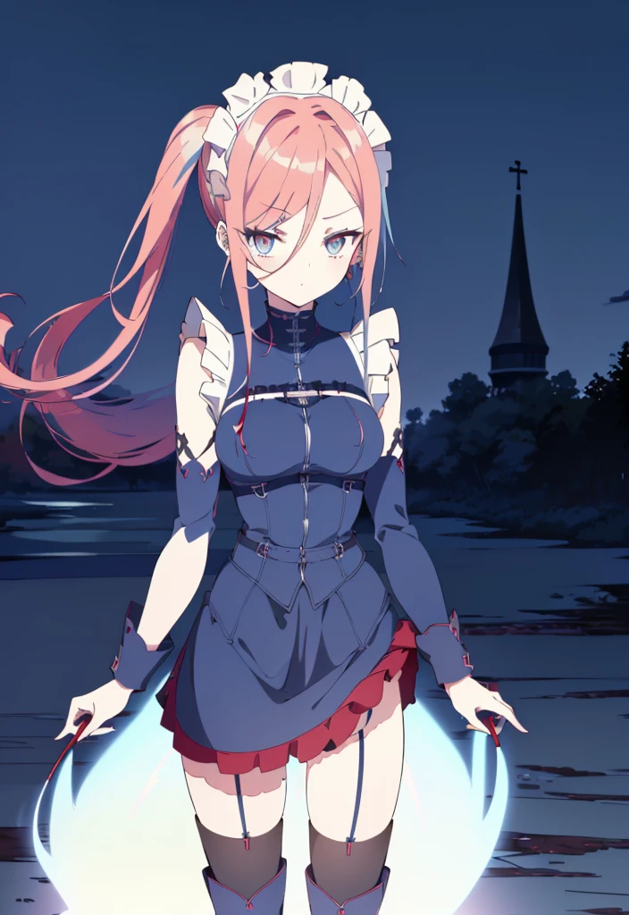 [(cathedral background:1.4)::5],original,(illustration:1.1),(best quality),(masterpiece:1.1),(extremely detailed CG unity 8k wallpaper:1.1), (colorful:0.9),(mid shot:0.95),(full body:1.5),Dynamic angle,(solo:1.2), (girl),((adult)), (detailed beautiful eyes:1.15), (beautiful face:1.15), (glowing red eyes:1.25////),((medium hair)),((split-color hair , red hair , light blue hair)),(high twintails),(chignon),(+perfect hand+:1.21),(Draw an illustration of a gothic girl),(Religious),(slender),(is wearing boots on her feet),((is wearing white maid clothes)),(furious), Lace Off-shoulder lolita fashion,beautiful slender woman,high twintails,full body,mini skirt,((split-color hair , red hair , light blue hair)),((black long boots)),((mini skirt)),((adult)),((dynamic angle)),((split-color hair , red hair , light blue hair)),((split-color hair , red hair , light blue hair)),((black long boots)),((black long boots)),
