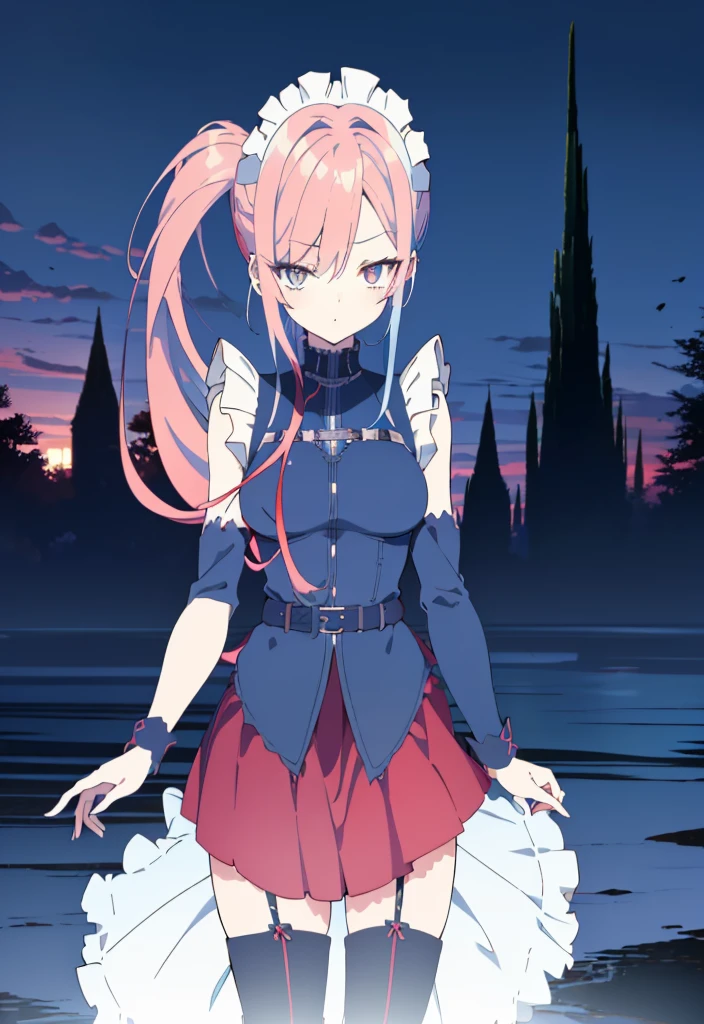 [(cathedral background:1.4)::5],original,(illustration:1.1),(best quality),(masterpiece:1.1),(extremely detailed CG unity 8k wallpaper:1.1), (colorful:0.9),(mid shot:0.95),(full body:1.5),Dynamic angle,(solo:1.2), (girl),((adult)), (detailed beautiful eyes:1.15), (beautiful face:1.15), (glowing red eyes:1.25////),((medium hair)),((split-color hair , red hair , light blue hair)),(high twintails),(chignon),(+perfect hand+:1.21),(Draw an illustration of a gothic girl),(Religious),(slender),(is wearing boots on her feet),((is wearing white maid clothes)),(furious), Lace Off-shoulder lolita fashion,beautiful slender woman,high twintails,full body,mini skirt,((split-color hair , red hair , light blue hair)),((black long boots)),((mini skirt)),((adult)),((dynamic angle)),((split-color hair , red hair , light blue hair)),((split-color hair , red hair , light blue hair)),((black long boots)),((black long boots)),